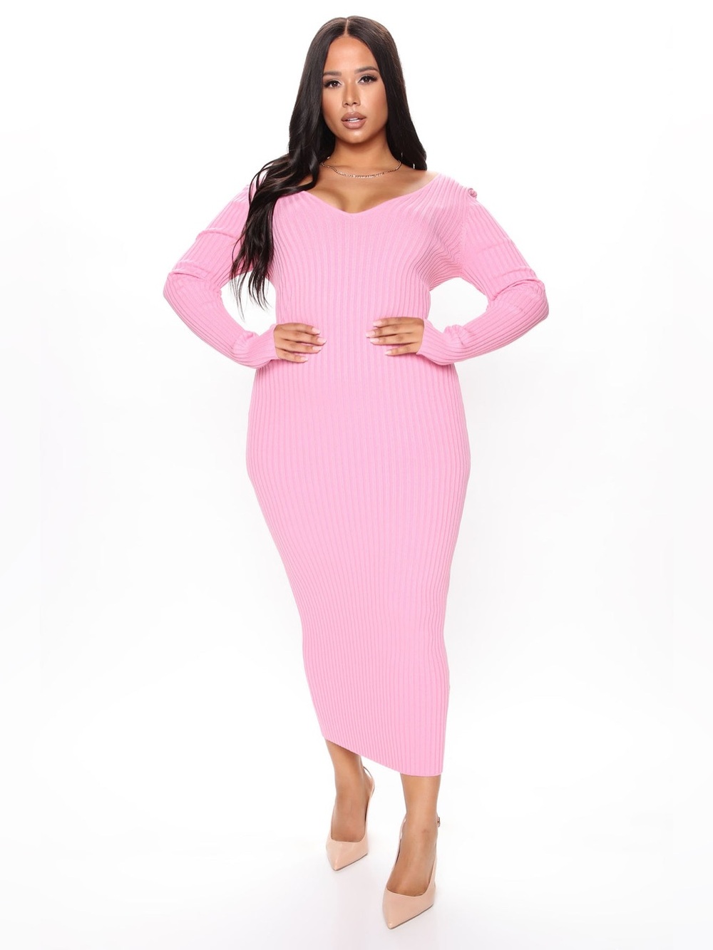 NWT Fashion Nova Pink Ribbed V-Neck Long Sleeve Maxi Dress Size XL